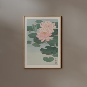 Japanese Flower Print | FRAME option | Ohara Koson Water Lily Poster, Lotus, Pastel Pink, Japandi Wall art, Aesthetic Botanical Affiche