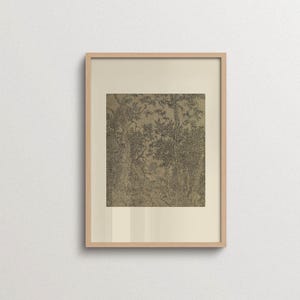 Vintage forest drawing with intricate trees and woodland details in muted brown and charcoal tones, displayed in a natural oak frame. Neutral nature wall art for rustic, Japandi, Scandinavian, and organic modern interiors.