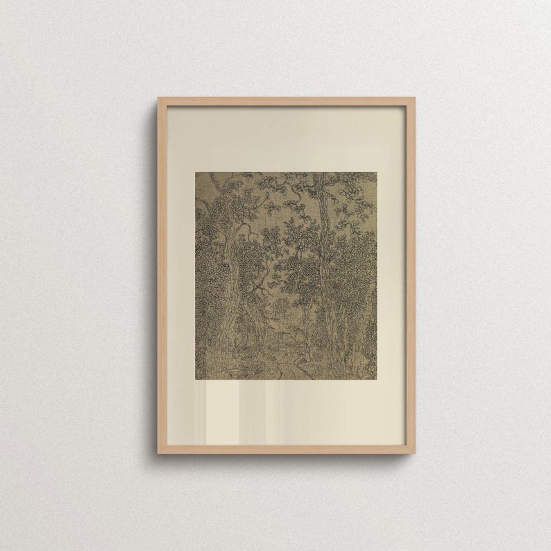 Vintage forest drawing with intricate trees and woodland details in muted brown and charcoal tones, displayed in a natural oak frame. Neutral nature wall art for rustic, Japandi, Scandinavian, and organic modern interiors.