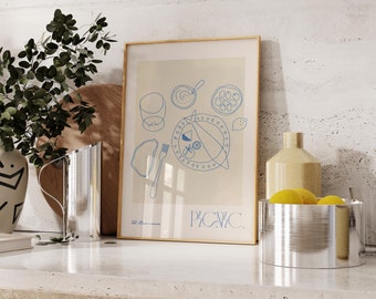 Vintage Food Print Digital Download Fish Retro Poster Trendy Wall art Dining Beige Kitchen Neutral Decor Printable Line Drawing Still life