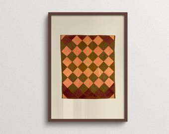 Orange Olive Checkered Wall Art, Japandi Print, Warm Vintage Decor for Bedroom Living Room, Diamond Pattern
