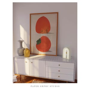 Ripe Persimmon art Print Vintage Fruit Market Kawaii Retro Botany illustration Kitchen Wall decor Poster Orange Color Dining Simple Food