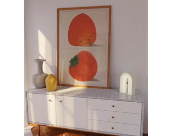 Ripe Persimmon art Print Vintage Fruit Market Kawaii Retro Botany illustration Kitchen Wall decor Poster Orange Color Dining Simple Food