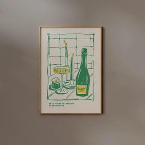 Wijnposter | Digitale download | Afdrukbaar decor barwagen, handgetekende lijntekening print, champagne kunst aan de muur, cocktail, drankje, beige, groen