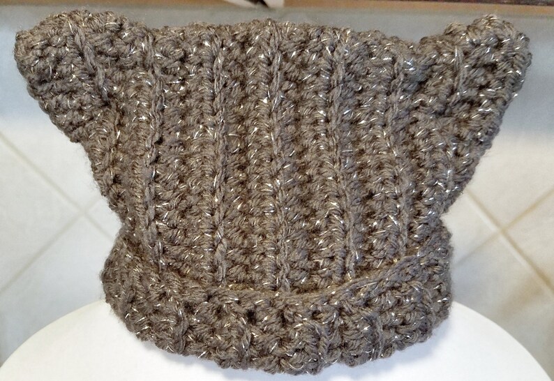 Sparkly Infant Cat Ear Crochet Beanie in Gray Handmade Metallic Anime Neko Hat Ready to Ship