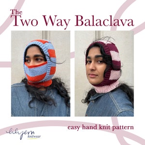 May include: The Two Way Balaclava easy hand knit pattern knitting pattern featuring two different colour combinations: one with orange, blue, and white stripes and the other with pink, white, and burgundy stripes.