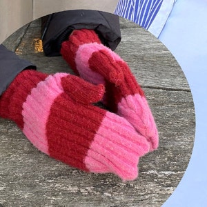 Knitted Fashion Mittens, Knitted Lambswool Gloves, Knitted Mohair Mittens, Handmade, Winter Mittens Pink Stripe