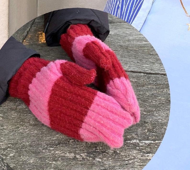 Knitted Fashion Mittens, Knitted Lambswool Gloves, Knitted Mohair Mittens, Handmade, Winter Mittens Pink Stripe
