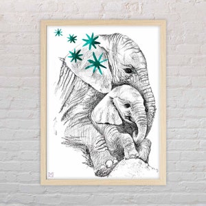May include: A black and white pencil drawing of a mother elephant and her baby elephant. The mother elephant is holding her baby close. The drawing is accented with teal blue star shapes.