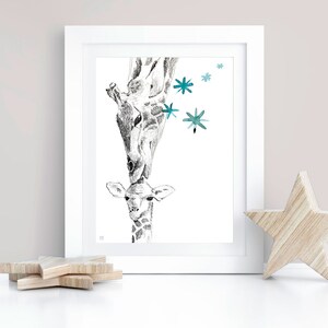 May include: A black and white pencil drawing of two giraffes, one standing on top of the other, with blue watercolor stars in the background.