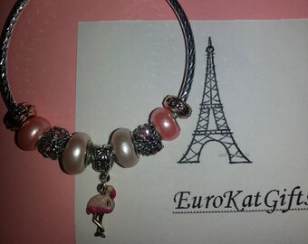 Flamingo Charm Bangle, Silver Cuff Bracelet, Nautical Beach Jewelry