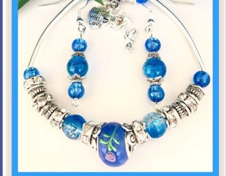 Murano Glass Silver charm dangle Earrings Gifts for her Silver European Blue Lamp work Beaded Necklace /& Earrings Jewelry set unique