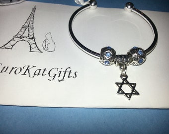 Bat Mitzvah, 925 Silver Star of David Bracelet, CZ , European Charm Bracelet, Jewish Charm Jewelry, Gifts for her, Star of David Jewelry