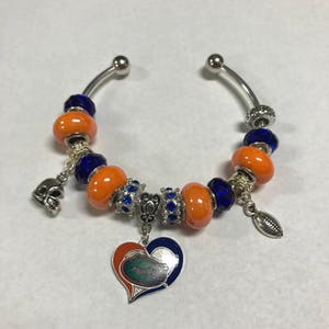 May include: A silver charm bracelet with orange and blue beads, a football charm, a helmet charm, and a heart charm with a gator logo.