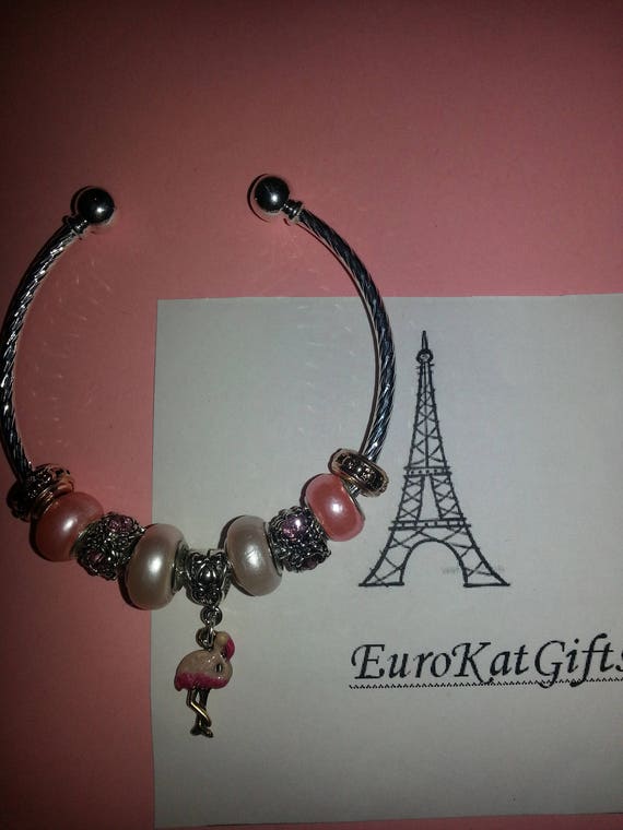 Flamingo Charm Bangle, Silver Cuff Bracelet, Nautical Beach Jewelry