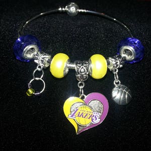 Lakers Jewelry, Silver Bracelet, European Silver,  Sports Bracelet, Charms  Designer. Gifts for her, Lakers, Sports, NBA, Basketball