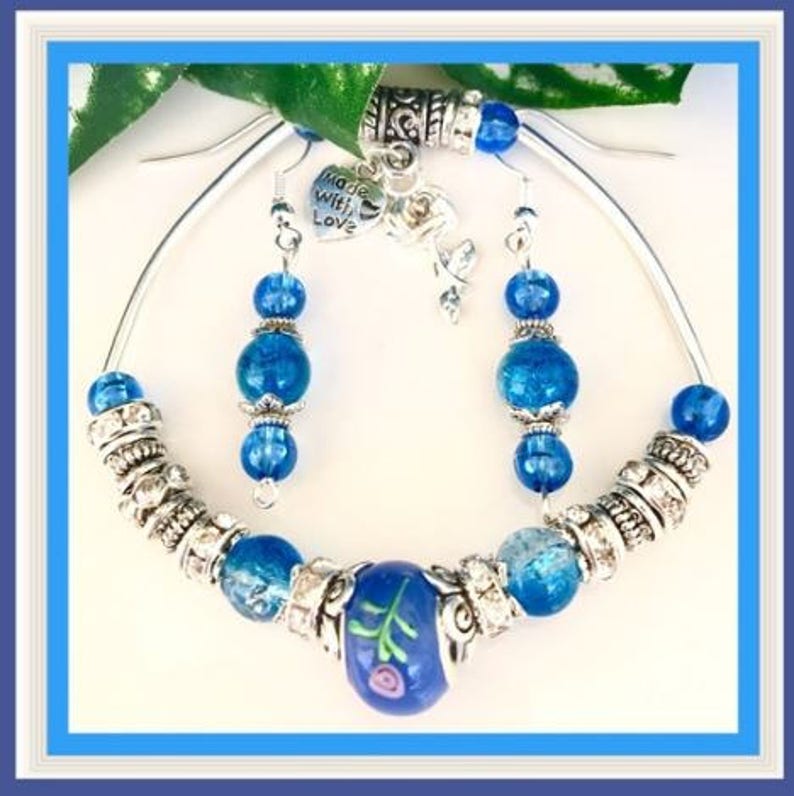 Murano Glass Silver charm dangle Earrings Gifts for her Silver European Blue Lamp work Beaded Necklace /& Earrings Jewelry set unique