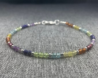 Chakra Bracelet made with small 3 mm faceted genuine gemstone beads