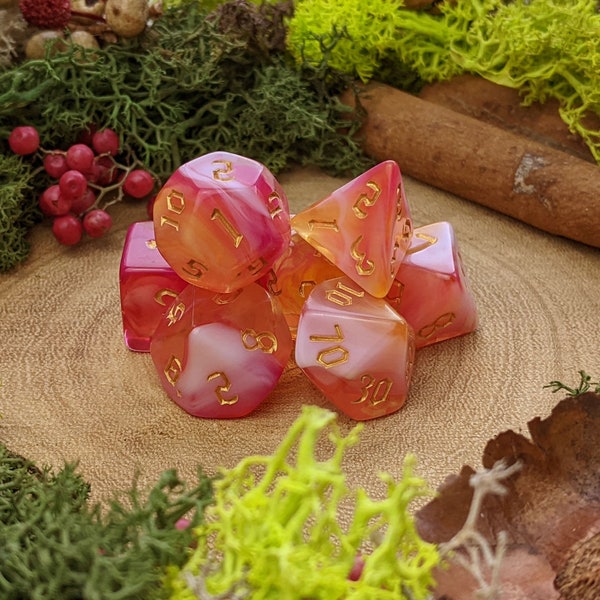 Bubblegum Sunset | Marbled Resin Dice | D&D Dice Gift Set | 7 Piece Polyhedral Dice Set | Pathfinder, Dungeons and Dragons, Tabletop Games