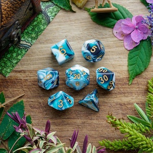 Cerulean Storm | Marbled Resin Dice Set | D&D Dice Gift Set | 7 Piece Polyhedral Dice Set | Pathfinder, Dungeons and Dragons, Tabletop Games