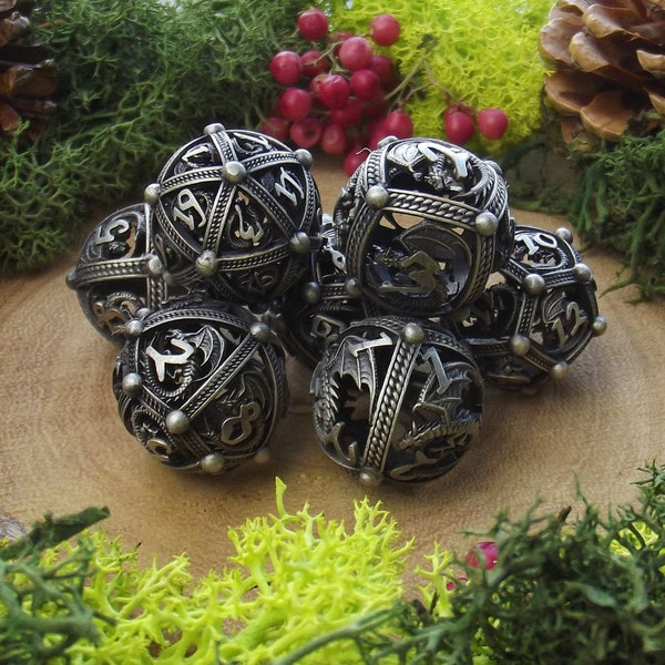 Hollow Dragon  | Spherical Hollow Metal Dice Set | D&D Dice Gift Set | 7 Piece Polyhedral Dice Set