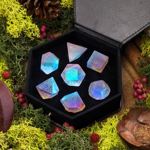 Frosted Rainbow Prism Glass | Dichroic Glass Dice | D&D Dice Gift Set | 7 Piece Polyhedral Dice Set