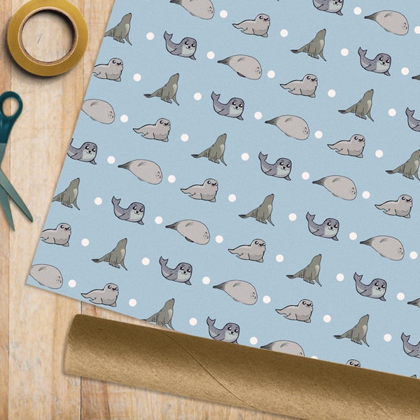 Chonky Cute Seals Rouleau de papier d’emballage en tube - 1 2 5 MÈTRES ROULEAU ou 1 FEUILLE - Anniversaire Cadeau Wrap Mignon Japon Sceau Kawaii Sea Zoo