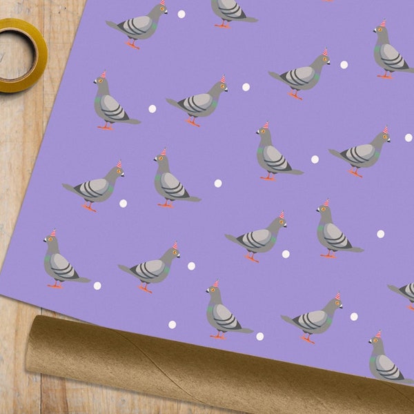Party Hat Pigeon Rolled Tube Wrapping Paper - 1 2 5 METRE ROLL or 1 SHEET - Birthday Gift Wrap Cute Nature Pigeons Birds Animals Purple