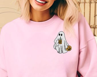 Sudadera bordada de Halloween con fantasma y café helado