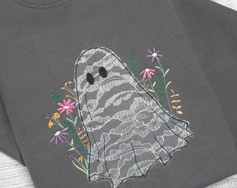 Lace Ghost with Wildflowers Halloween Embroidered Sweatshirt