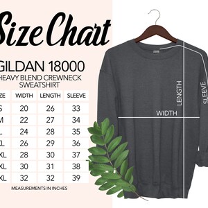 K&ouml;nnte beinhalten: Gr&ouml;&szlig;entabelle f&uuml;r ein Gildan 18000 Heavy Blend Crewneck Sweatshirt. Die Tabelle zeigt die Ma&szlig;e in Zoll f&uuml;r Breite, L&auml;nge und &Auml;rmell&auml;nge f&uuml;r die Gr&ouml;&szlig;en S bis 4XL.