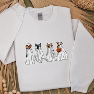Dog Ghost Halloween Embroidered Sweatshirt, Dog Spooky Halloween Sweatshirt