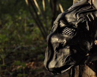 Black Leather Mask of Furious Fighter Maximum Matte + Additional Strap, made from recycled materials, Post apocalyptic warrior mask.