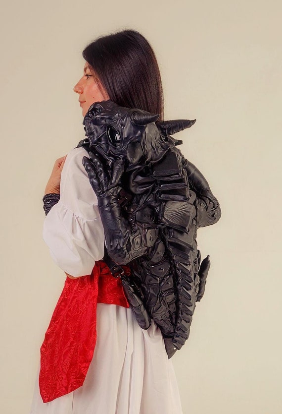 black leather dragon backpack for sale Apparel Lifestyle (Black) – Shop Dragon Apparel Black vegan faux snakeskin leather and denim backpack Silver D Dragon Wings Backpack Dragon Backpack