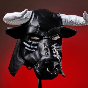 Bull hood, Leather mask of great bull, Minotaur leather mask, Icon bull mask, Black leather helmet of Jupiter/Zeus.