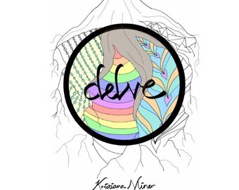 May include: A black and white line drawing of a tree with roots. Inside the tree is a circle with a rainbow, blue, and yellow patterned design. The word "delve" is written in black cursive inside the circle. The artist's name, "Kristiana Miner", is written in cursive below the circle.