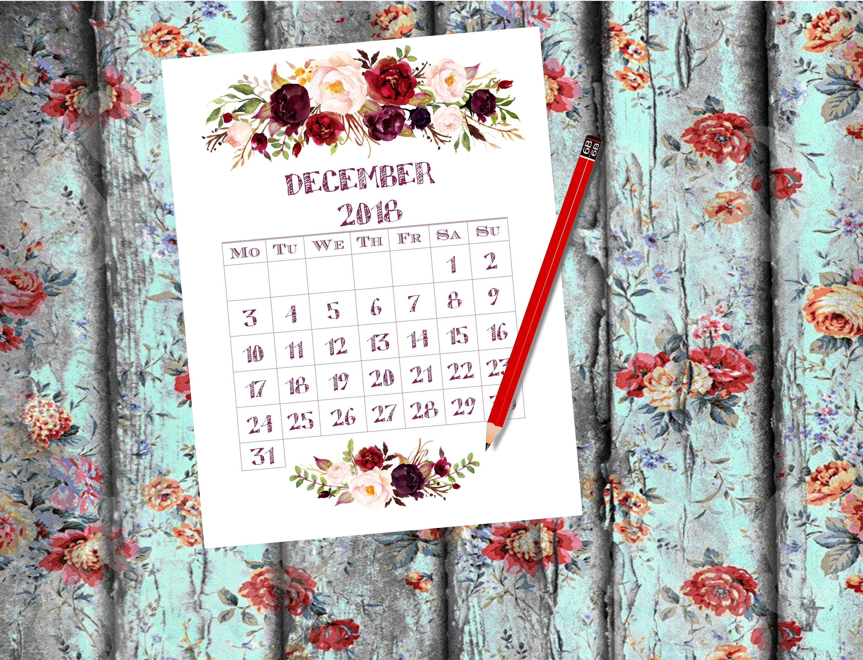 Printable Calendar 2018 a5 calendat insert Floral Calendar | Etsy