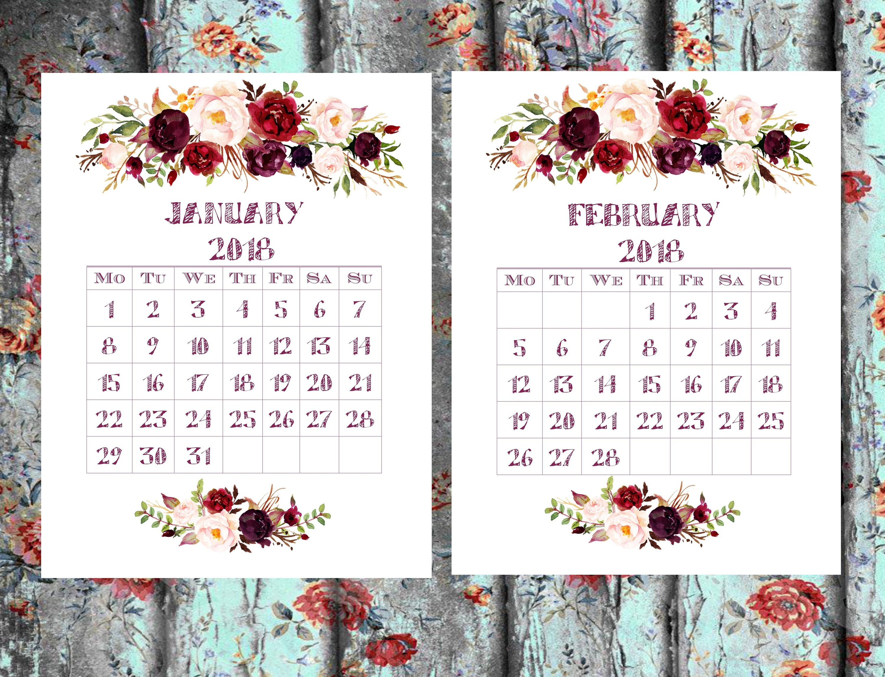 Printable Calendar 2018 a5 calendat insert Floral Calendar