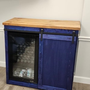 mini size fridge farmhouse style with a barn door slider cabinet /  modern style coffee station / Mini Fridge bar / Coffee bar