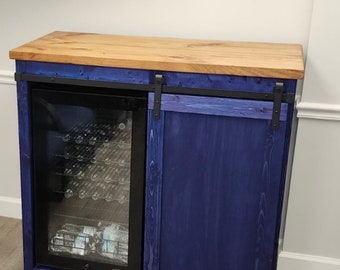 mini size fridge farmhouse style with a barn door slider cabinet /  modern style coffee station / Mini Fridge bar / Coffee bar