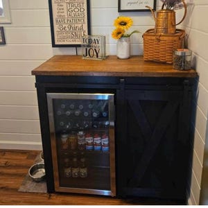 Farmhouse 1 door slider mini fridge cabinet / Mini fridge cabinet on the floor / Coffee bar / Wine fridge cabinet /2 color stain