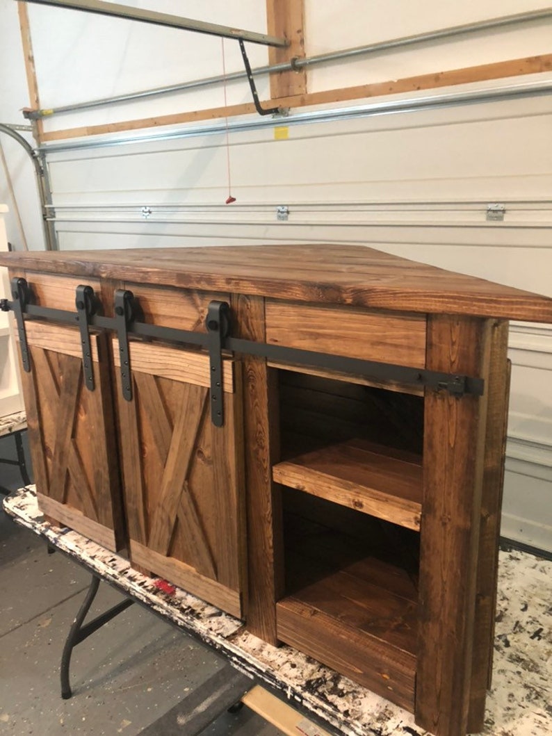 Corner TV STAND / Farmhouse Style Corner Unit With Barn Door Etsy