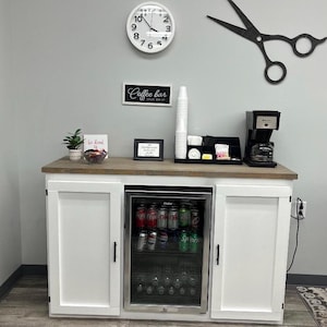 We ship to Texas as of 11-5-24Modern Farmhouse Style custom build Mini Fridge Cabinet with two hinged frame door / 3 Bay mini Fridge storage