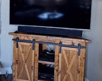 Corner TV STAND / Farmhouse style corner unit with barn door slider / Rustic corner media center/ TV Console / Entertainment Stand