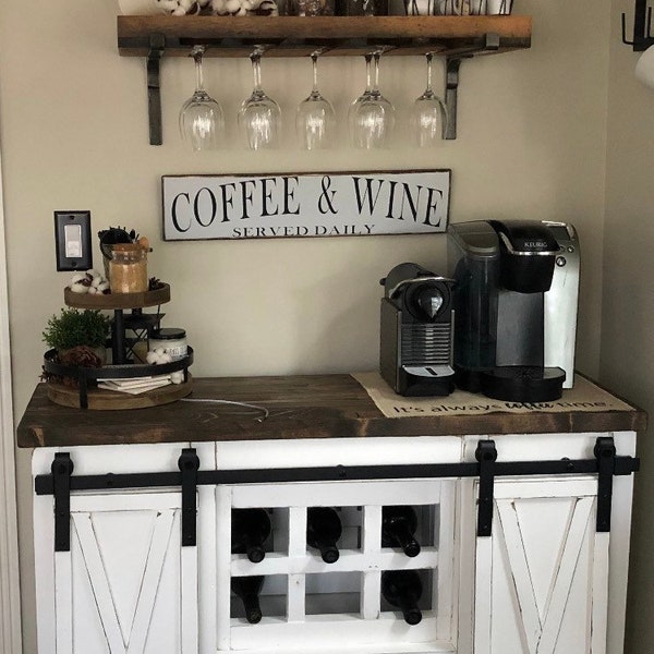 Smaller Modern style wine bar with 2 door slider / Farmhouse style barn door slider buffet/ sideboard / cabinet/ wine rack storage