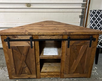 Corner TV STAND Farmhouse Style Corner Unit With Barn Door