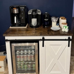 Farmhouse Mini Fridge Cabinet: Modern Coffee Station with Barn Door
