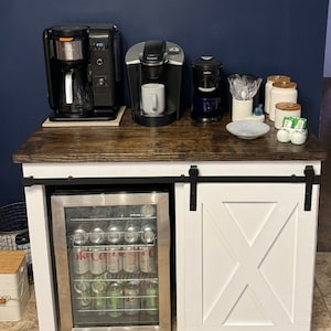 We ship to Texas as of 11-5-24 /mini size fridge on the floor farmhouse style with a x barn door slider cabinet /modern  coffee station