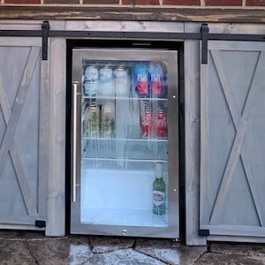 Modern Farmhouse Style custom build Mini Fridge/ wine Cabinet with two door sliders/ Three Bay wine storage / Coffee Bar / buffet / storage