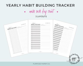 Yearly Habit Building Tracker | Don’t Break the Chain Annual Goal Planning Printable